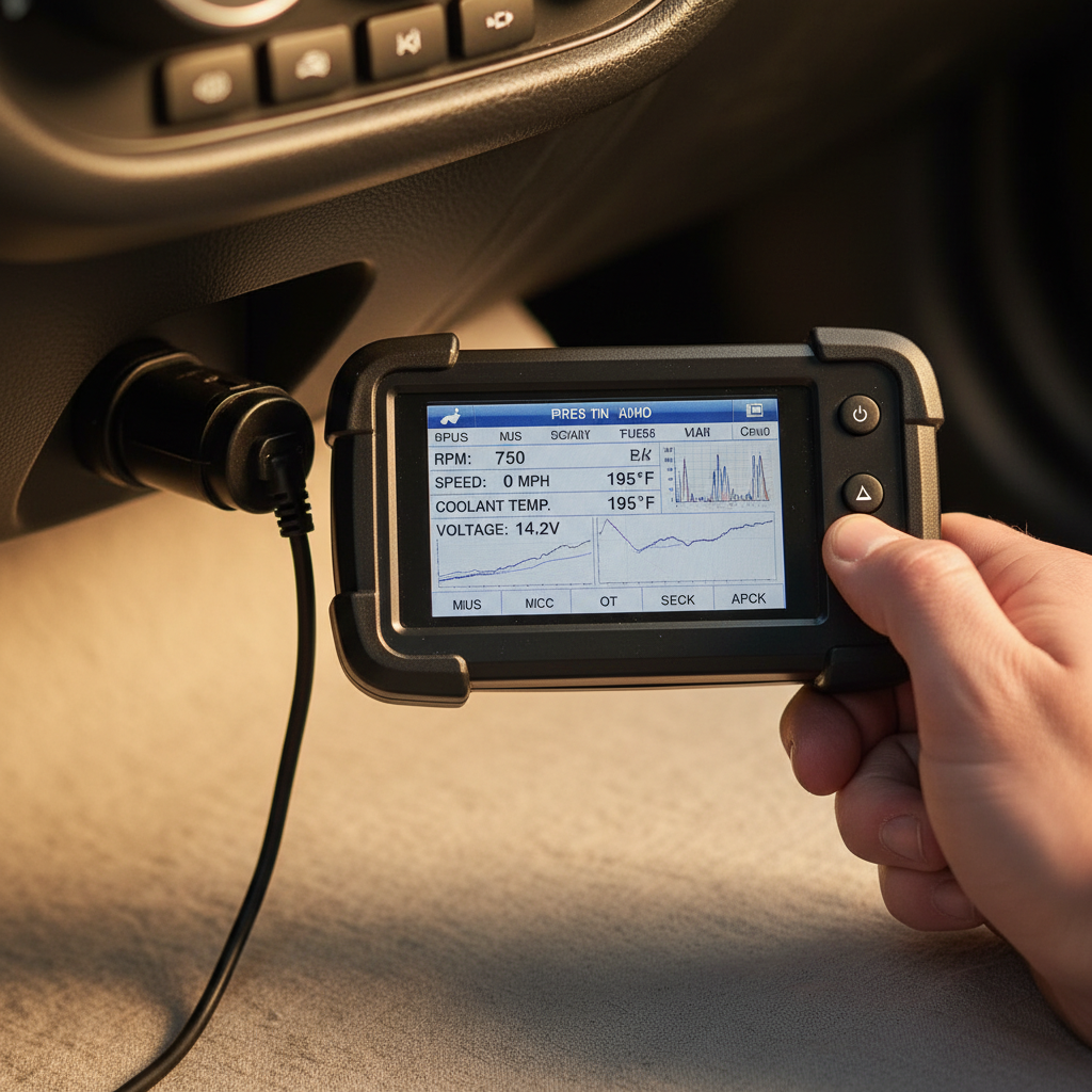 automobilski dijagnostički skener priključen na OBD port sa ekranom koji prikazuje podatke